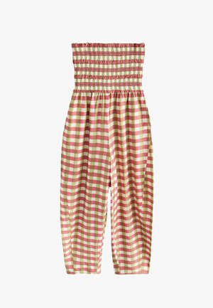 Mono sin tirantes con cuerpo fruncido elástico, patrón a cuadros rosa y beige, pantalones anchos de corte holgado.