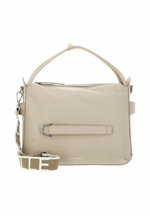 Beige leather handbag with top handle, front horizontal strap, zip closure, and detachable wide fabric shoulder strap with text pattern.