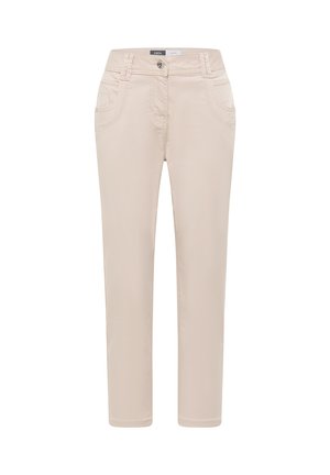 Pantalon beige à jambe droite avec bouton et fermeture éclair à l'avant, poches avant, passants pour ceinture et étiquette de marque sur la ceinture.