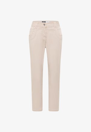 Beige straight-leg pants with front button and zipper, front pockets, belt loops, and branded label on waistband.