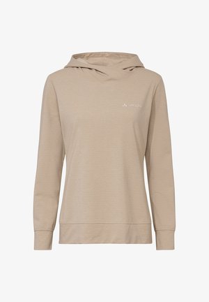 Beige Hoodie mit langen Ärmeln, kleinem weißem VAUDE-Logo auf der Brust, lockerem Schnitt und Kapuze ohne Kordelzug.
