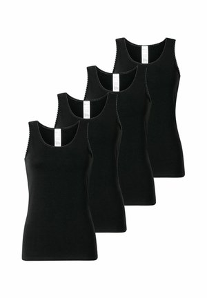 Four black sleeveless scoop neck tank tops, neatly aligned in a staggered arrangement on a white background.