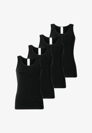 Vier schwarze ärmellose Tanktops mit Rundhalsausschnitt, ordentlich in einer versetzten Anordnung auf weißem Hintergrund ausgerichtet.