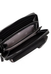 Black leather wallet featuring multiple card slots, zippered compartments, and a textured exterior. Interior has a patterned lining.