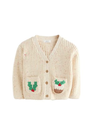 Cremfarbener, gerippter Cardigan mit Knopfsverschluss. Verfügt über grüne und rote Stechpalmen-Stickerei an den Taschen. Weicher Stoff, lässige Passform.