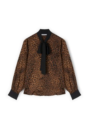 Blouse met luipaardprint in bruin en zwart, voorzien van een striksluiting, knopen aan de voorkant en pofmouwen met contrasterende zwarte manchetten.