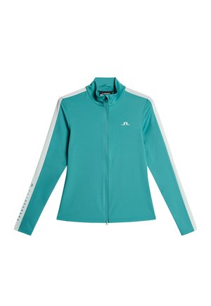 Türkisfarbener Zip-Jacket mit hohem Kragen. Verfügt über weiße Seitenstreifen und ein Logo auf der Brust. Hergestellt aus glattem, dehnbarem Stoff.