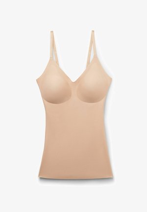 Beige ärmelloses BH-Top mit weicher Polsterung, V-Ausschnitt und verstellbaren Trägern, aus glattem, dehnbarem Material.