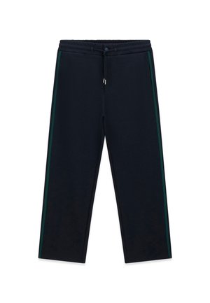 Pantalones de chándal azul marino con cintura elástica, cordón, piernas rectas y delgadas rayas verdes verticales a lo largo de los lados exteriores.
