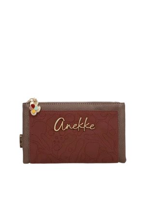Portafoglio marrone e rosso scuro con motivo floreale, testo dorato "Anekke" davanti e un cursore della zip a forma di fiore multicolore.