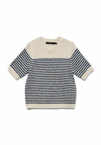 Pull en maille à manches courtes, rayé crème et marine. Doté d'un col rond et d'un ourlet côtelé. Texture douce avec une coupe décontractée.