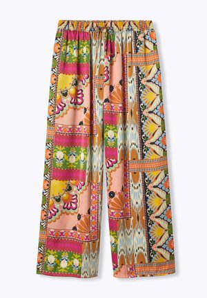 Pantalon ample à jambes larges avec cordon élastique à la taille, présentant un imprimé patchwork coloré en rose, vert, orange, jaune et bleu avec des motifs floraux et géométriques.