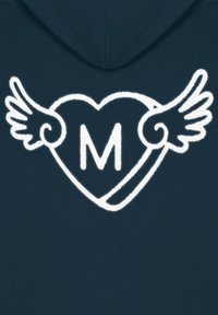 Navy hoodie featuring a white graphic design of a heart with wings and the letter "M" at the center. Soft texture; casual style.