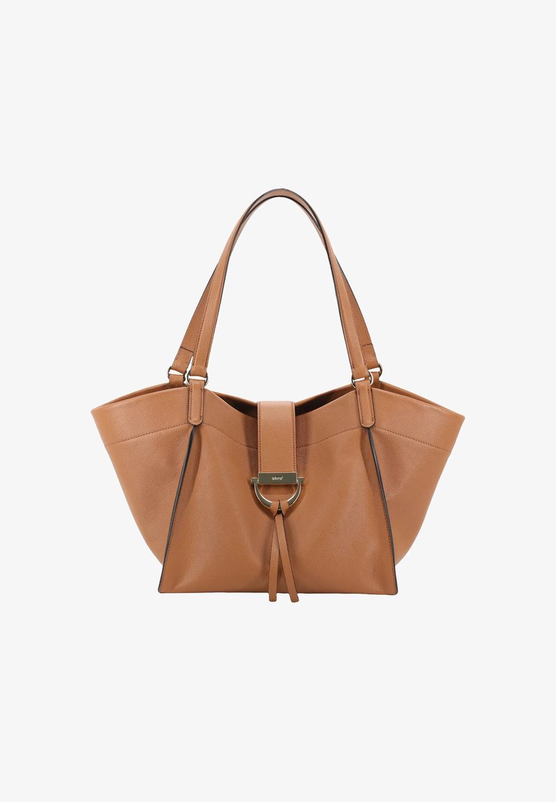 Braune Leder-Tote mit strukturierter Form, ausgestattet mit zwei Griffen, Riemen in der Mitte und Metallzubehör sowie kontrastierenden dunklen Kanten.