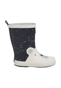 Botte de pluie en caoutchouc bleu marine avec motif de constellations, présentant un visage d'ours blanc sur le devant et une semelle texturée. Fini lisse.