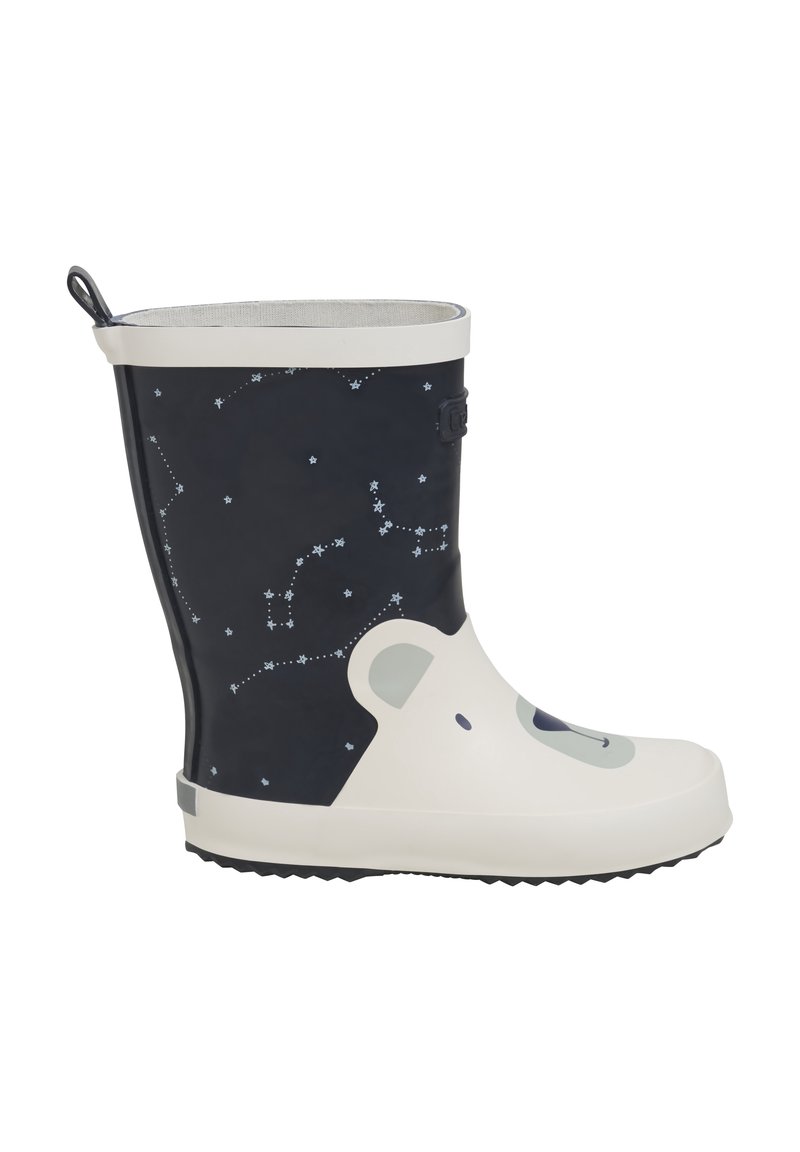 Botte de pluie en caoutchouc bleu marine avec motif de constellations, présentant un visage d'ours blanc sur le devant et une semelle texturée. Fini lisse.