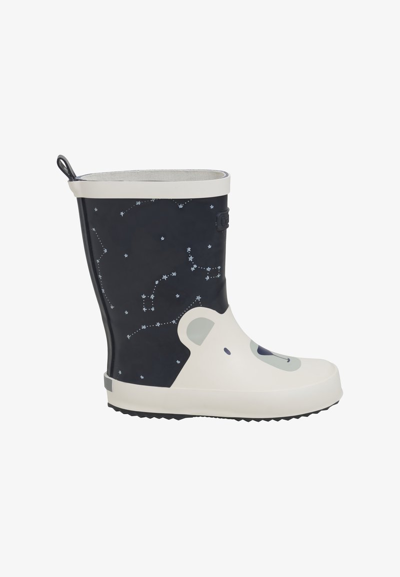 Botte de pluie en caoutchouc bleu marine avec motif de constellations, présentant un visage d'ours blanc sur le devant et une semelle texturée. Fini lisse.