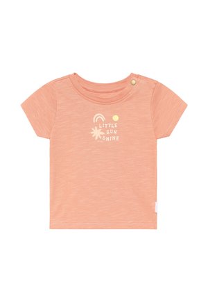 Hellrosa T-Shirt mit kurzen Ärmeln und rundem Ausschnitt. Mit einem Grafikdruck mit der Aufschrift "KLEINES SONNENSCHEIN" sowie einem Regenbogen- und Blumenthema.