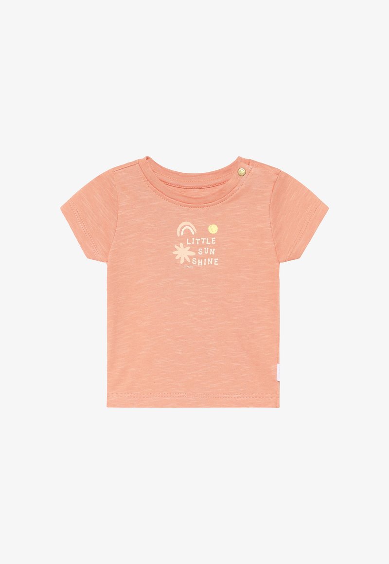 Lichtroze T-shirt met korte mouwen en een ronde hals. Heeft een grafische print met de tekst "LITTLE SUN SHINE" en een ontwerp van een regenboog en een bloem.