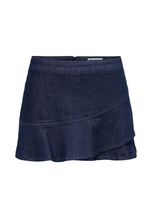 Fustă mini din denim albastru închis cu tiv stratificat și închidere cu fermoar ascuns în partea din spate.