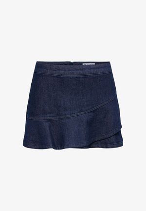 Fustă mini din denim albastru închis cu tiv stratificat și închidere cu fermoar ascuns în partea din spate.