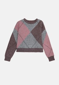 Pull court en tissu tricoté, avec un motif en losange en gris, rose et bordeaux, avec des poignets et un col côtelés.