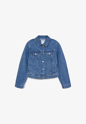 Veste en denim bleu moyen, avec un col classique, deux poches poitrine et des finitions en métal argenté. Design court et légèrement ajusté avec des manches longues.