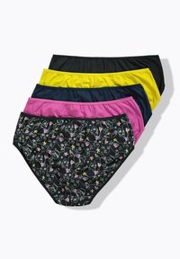 Vijf paar damesondergoed van katoen. De kleuren zijn zwart, marineblauw, geel, roze en een zwart patroon met gezichten en sterren.