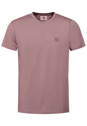 Korte mouw T-shirt in een gedempt mauve kleur, gemaakt van zachte stof, met een klein vierkant logo op de borst en een ronde hals.