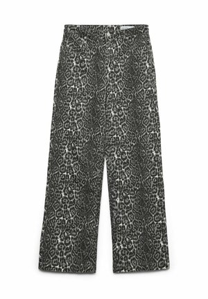 Pantalon à jambes larges avec imprimé léopard noir et gris, fermeture à boutons et fermeture éclair à l'avant, et passants pour ceinture.