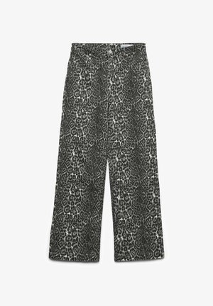 Vidbukser med svart og grå leopardmønster, frontknapp og glidelåslukking, og beltehemper.
