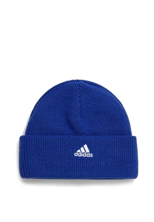Cappello a maglia blu con risvolto con logo Adidas bianco ricamato al centro sul davanti.