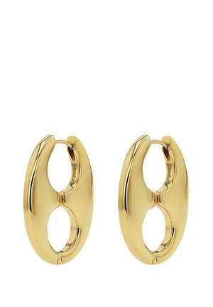 Paar polierte goldene Creolen mit länglicher ovaler Form und einer kleinen Öffnung in der Mitte zum Verschließen.