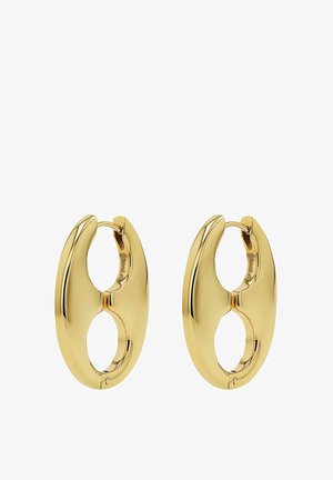 Een paar gepolijste gouden oorringen met een langwerpige ovale vorm en een kleine opening in het midden voor het vastmaken.