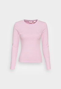 Camicia a maniche lunghe rosa chiaro con sottili righe bianche, scollatura rotonda e design aderente. Presenta un piccolo logo sul petto.