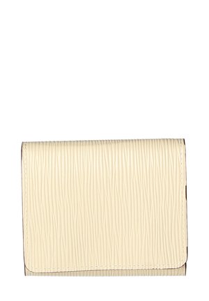 Cream-colored wallet with a textured surface featuring vertical lines; rectangular shape with a flap closure and stitched edges.