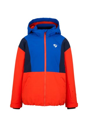 Farbblockierte Winterjacke mit einem leuchtend roten Oberteil, blauen Akzenten und einem Reißverschluss vorne. Kapuzen-Design mit elastischen Bündchen.