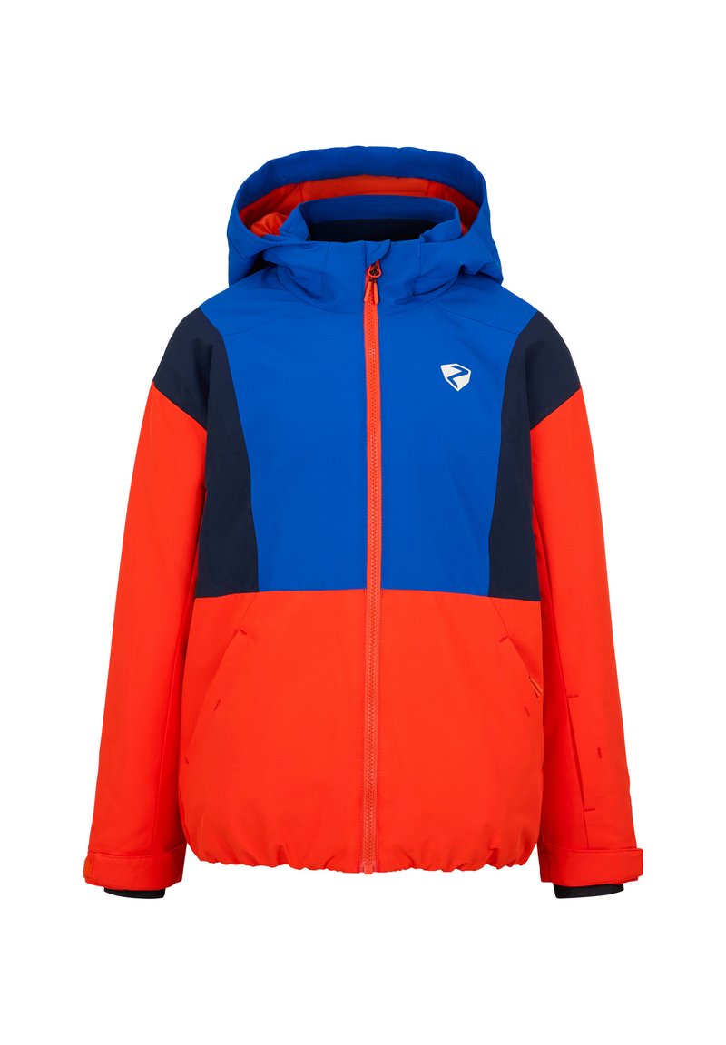 Farbblockierte Winterjacke mit einem leuchtend roten Oberteil, blauen Akzenten und einem Reißverschluss vorne. Kapuzen-Design mit elastischen Bündchen.