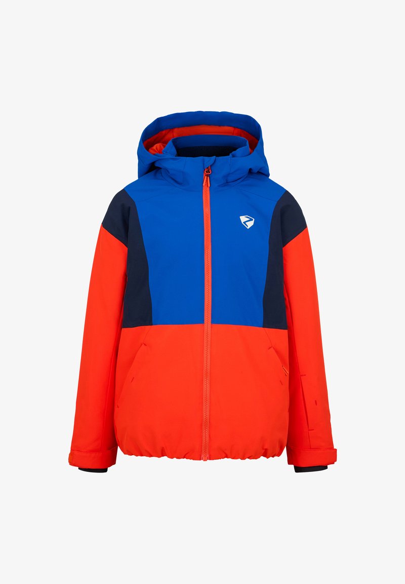 Farbblockierte Winterjacke mit einem leuchtend roten Oberteil, blauen Akzenten und einem Reißverschluss vorne. Kapuzen-Design mit elastischen Bündchen.