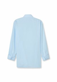 Hellblaues Langarmhemd mit weißen vertikalen Streifen, geknöpften Manschetten, klassischem Kragen und geradem Schnitt am Saum.