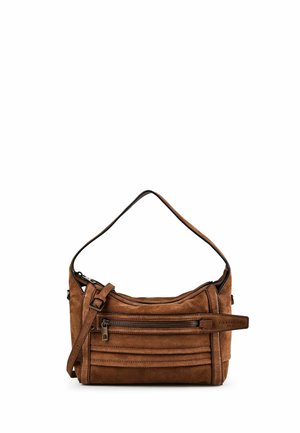 Braune Wildleder-Schultertasche mit vorderer Reißverschlusstasche und verstellbarem Riemen, vor weißem Hintergrund dargestellt.