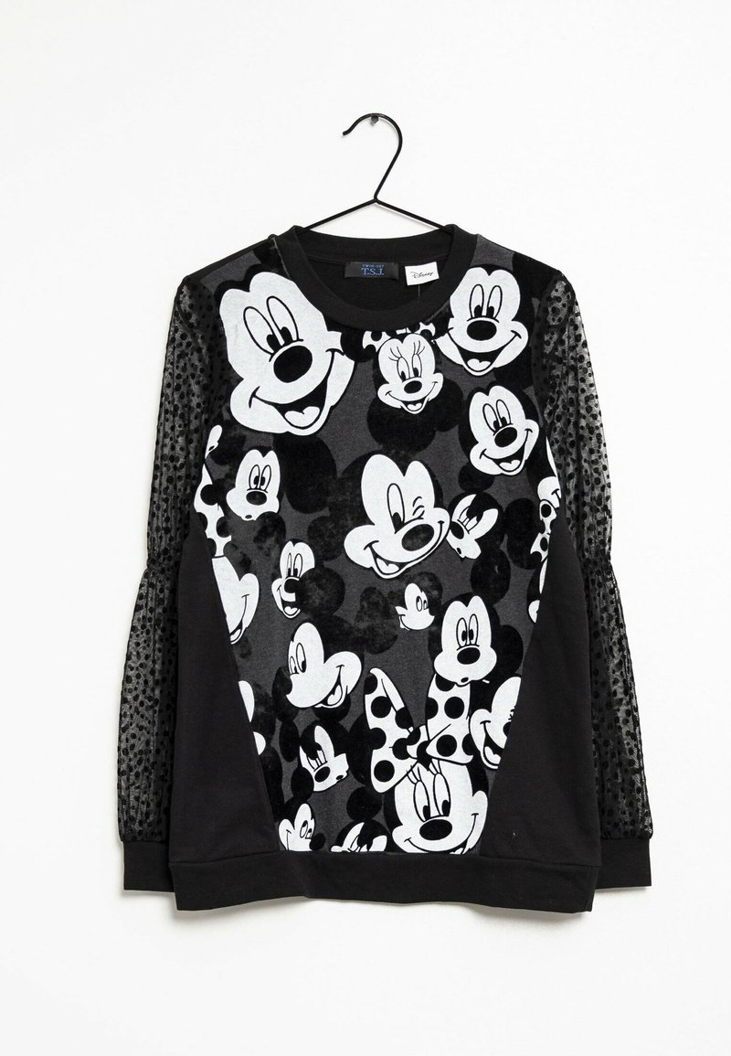 Sweat-shirt noir avec divers motifs de Mickey Mouse et Minnie Mouse, présentant un devant en velours et des manches transparentes à pois.