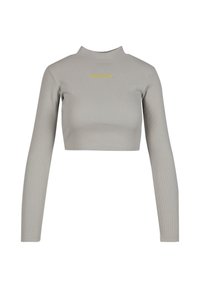 Grå langermet cropped topp med rund hals, ribbestruktur og gult logo på brystet. Mykt, elastisk materiale.