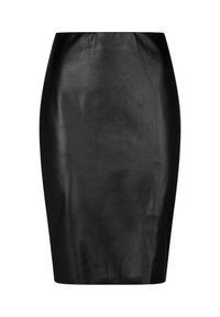 Zwarte leren kokerrok met een strak ontwerp, gladde textuur en aansluitende vorm. Voorzien van een hoge tailleband en een knielengte.
