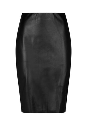Zwarte leren kokerrok met een strak ontwerp, gladde textuur en aansluitende vorm. Voorzien van een hoge tailleband en een knielengte.