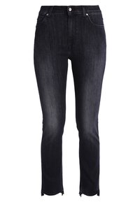 Černé slim fit džíny s vysokým pasem, mírným vyblednutím, pěti kapsami, zapínáním na knoflík a zip a roztrhanými lemy na kotnících.