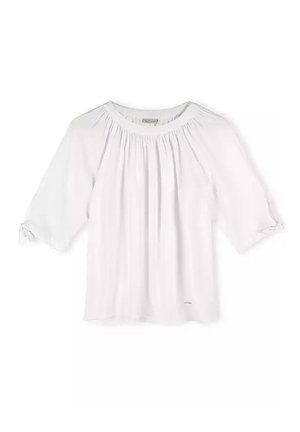 Biała bluzka z okrągłym dekoltem, marszczonymi detalami oraz rękawami trzyczwartowymi z wiązaniami. Wykonana z lekkiego materiału.