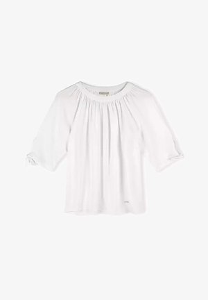 Biała bluzka z okrągłym dekoltem, marszczonymi detalami oraz rękawami trzyczwartowymi z wiązaniami. Wykonana z lekkiego materiału.