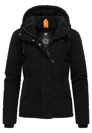 Black corduroy jacket with a fleece-lined hood, featuring an orange pull tab, front zipper, and side pockets. Textured, quilted design.