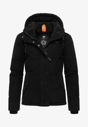 Zwarte corduroy jas met een fleece-gevoerd capuchon, voorzien van een oranje trekband, een rits aan de voorkant en zijzakken. Getextureerd, gewatteerd ontwerp.